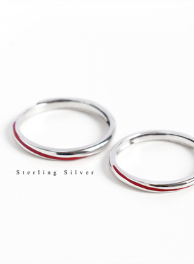 s925纯银红线情侣对戒chic个性男女开口戒指潮流时尚指环刻字饰品