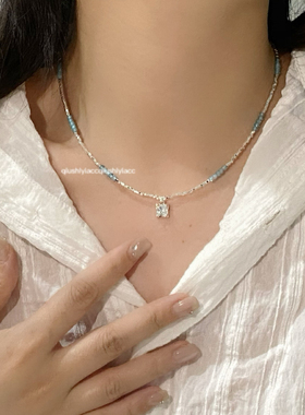 秋十一Acc 清新夏日蓝色珠珠碎银子小方糖项链