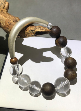 天然白水晶手链女串珠子巴西足银半镯木质文玩高级感轻奢沉香手串