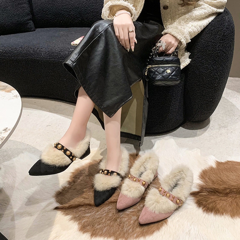 豆豆鞋女冬加绒2024秋季新款尖头粗跟高跟毛毛鞋女士鞋子女爆款,淘宝优惠券,粉丝福利购,淘宝优惠卷