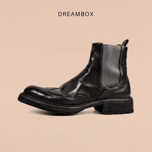 DREAMBOX钧博vibram男靴水洗马皮布洛克雕花切尔西靴手工男士靴子 - 图0