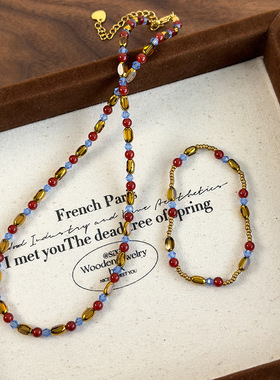 彩色红色珠锁骨链小众多巴胺徐璐同款项链颈链气质串珠项饰手链女