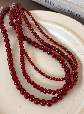 简约复古显白安可拉红串珠项链2024新款高级感气质锁骨链小众颈链
