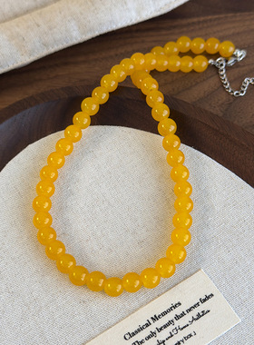 新中式黄色玻璃仿玉圆珠串珠项链复古简约锁骨链颈链拍照搭配配饰