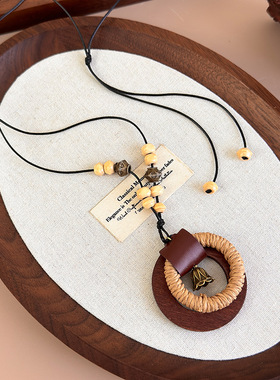 新中式禅意长款编织绳木质项链女复古卫衣链波西米亚度假风毛衣链