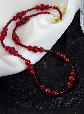 复古酒红色串珠项链女2024新款轻奢小众设计高级感锁骨链颈链配饰