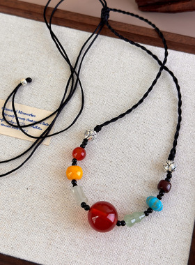 新中式复古民族风吊坠项链女夏天编绳串珠配饰玛瑙珠子装饰锁骨链