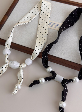 韩系波点串珠丝巾项链女小众设计感可调节布艺锁骨链系脖围巾配饰