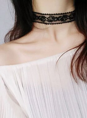 蕾丝玫瑰花小众轻奢项链气质黑白项圈女锁骨链颈带choker轻奢风