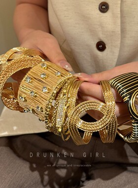 复古鎏光 Vintage中古欧美夸张缠绕手镯女款金色百搭宽边手串手饰
