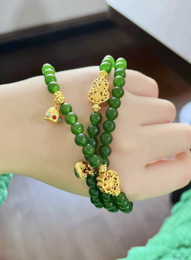 新中式国风八宝罗盘吊坠项链女轻奢高级感毛衣链绿色串珠旗袍配饰