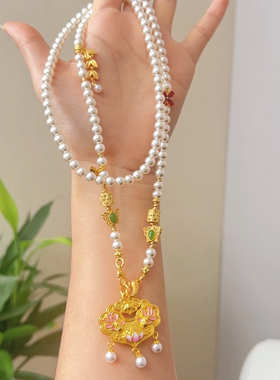 镶钻花开富贵锁包吊坠镶嵌琴棋书画錾刻古法金项链毛衣链