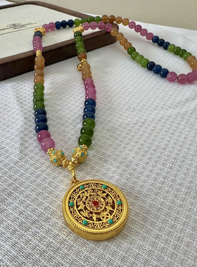 新中式国潮祖母绿串珠如意多宝项链宫廷风五福圆满吊坠女