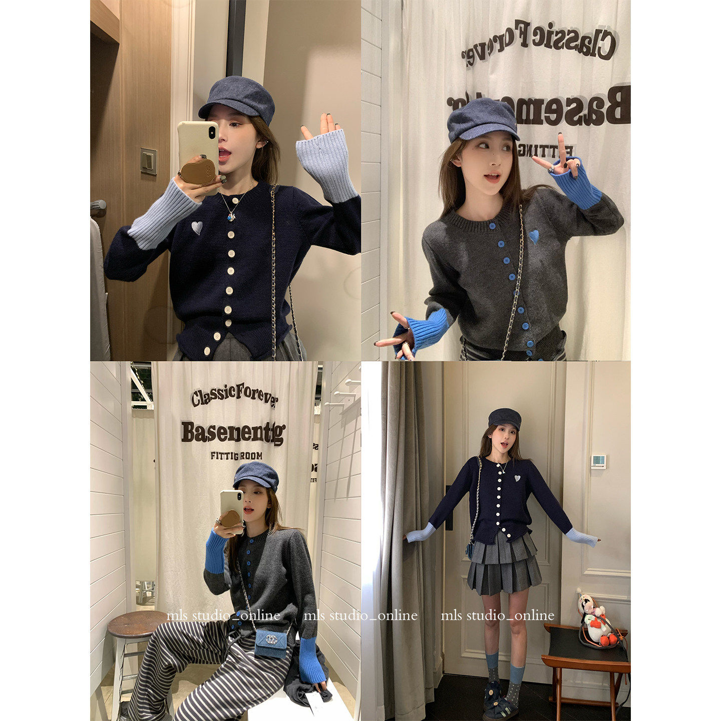 MLS 温柔少女感 撞色圆领短款针织衫女秋季小香风韩系开衫毛衣,淘宝优惠券,粉丝福利购,淘宝优惠卷