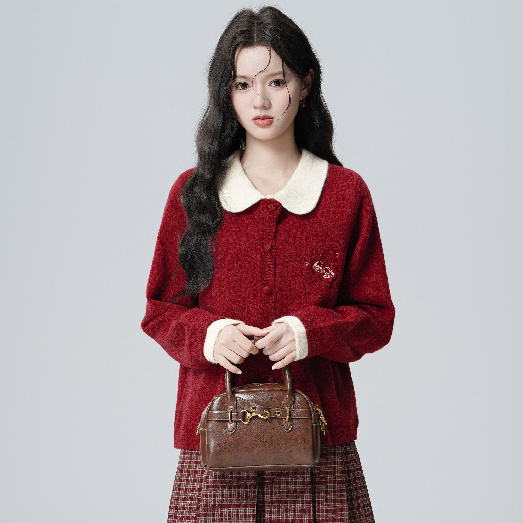 新年红色假两件翻领毛衣外套女2025秋冬新款蝴蝶结针织开衫短上衣,淘宝优惠券,粉丝福利购,淘宝优惠卷