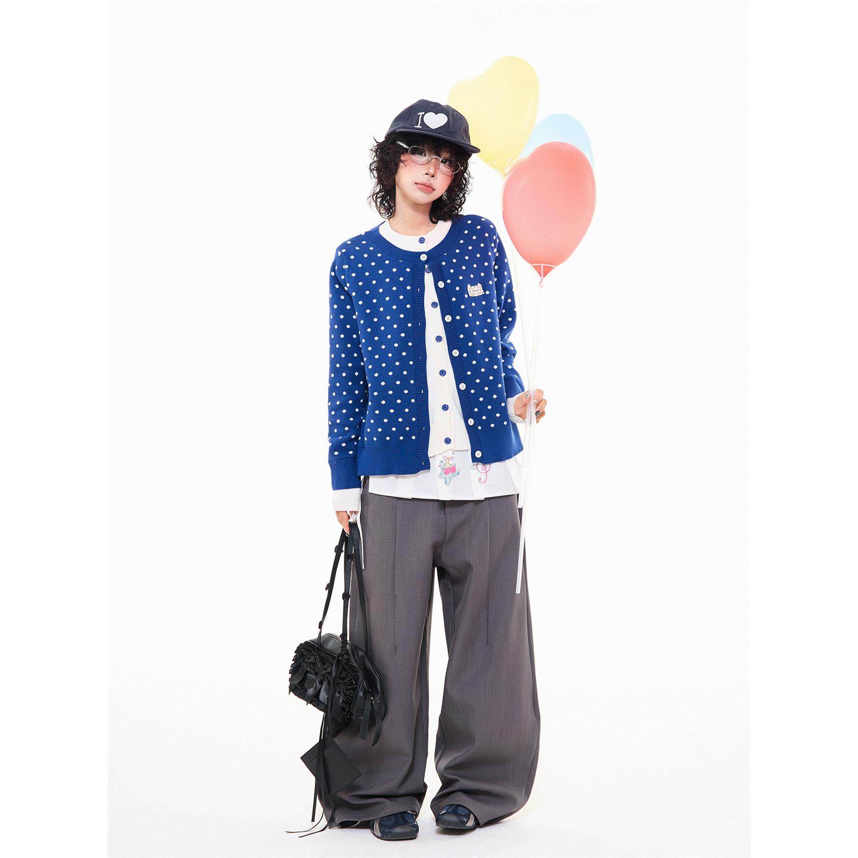 MIKYO 美式覆古波点撞色假两件针织毛衣女秋季休闲慵懒感开衫上衣,淘宝优惠券,粉丝福利购,淘宝优惠卷