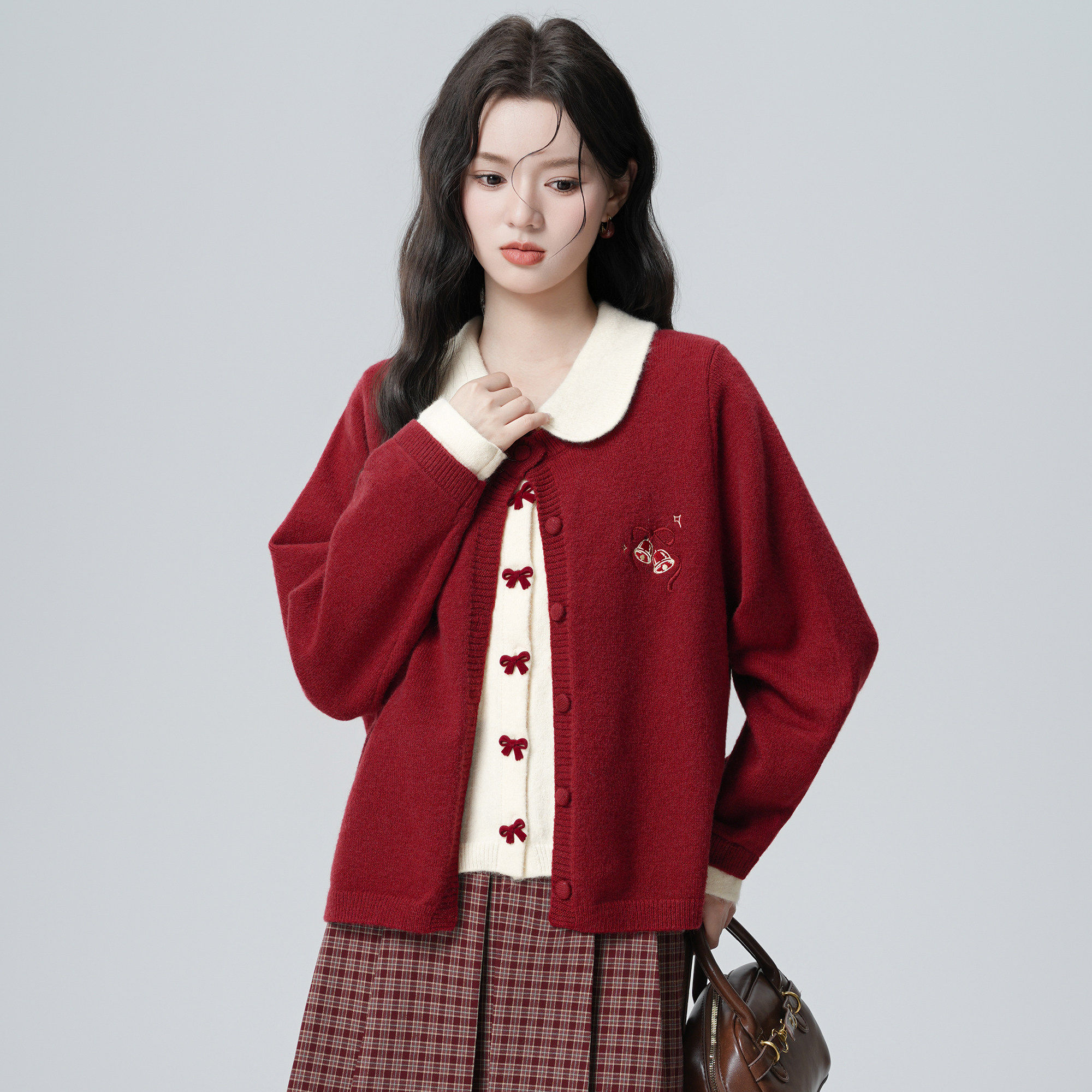 新年红色假两件翻领毛衣外套女2025秋冬新款蝴蝶结针织开衫短上衣,淘宝优惠券,粉丝福利购,淘宝优惠卷