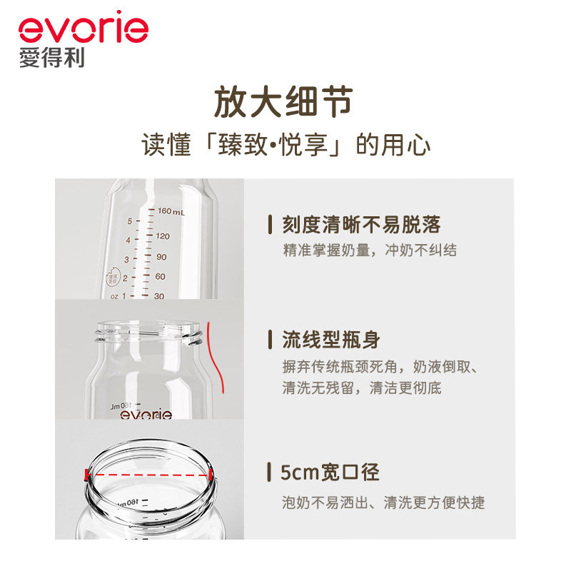 evorie爱得利奶瓶新生婴儿防胀气玻璃奶瓶初生宝宝专用0-3-6个月