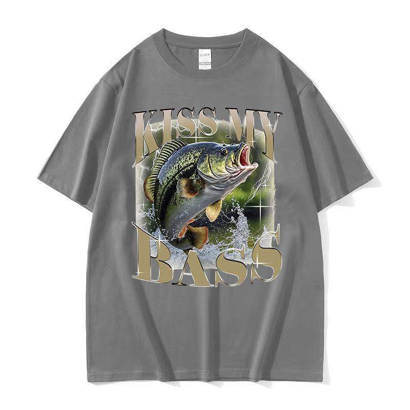 Kiss My Bass Fish 钓鱼爱好者趣味图案潮流休闲圆领短袖T恤男女,淘宝优惠券,粉丝福利购,淘宝优惠卷