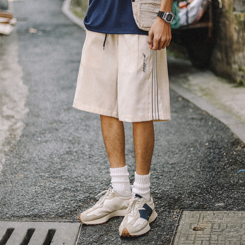 兔先森夏季美式复古侧边条纹撞色运动短裤男休闲百搭直筒五分卫裤 - 图0