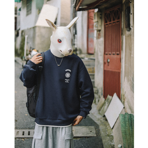 兔先森日系复古后背印花假两件卫衣男女cityboy潮流运动休闲上衣 - 图0