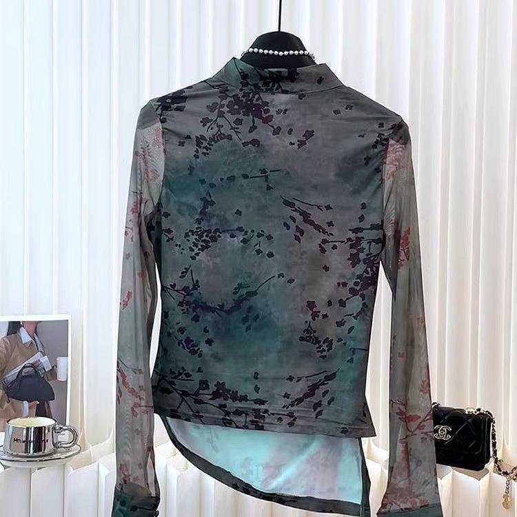 新中式复古风盘扣印花立领长袖衬衫女春季新款不规则修身显瘦上衣 - 图0