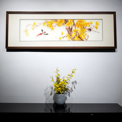 新中式飞鸟渡秋背景墙手工苏绣成品挂画银杏床头画刺绣装饰画软装 - 图0