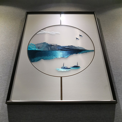 刺绣装饰画客厅挂画苏绣手工自绣三连画山水手绣创意壁画青花山水 - 图0