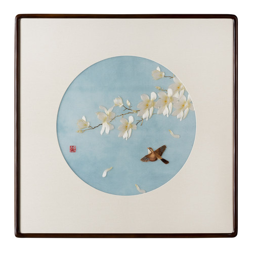 苏绣玉兰玄关沙发背景客厅山水壁画成品带框新中式绣花纯手绣精品 - 图3