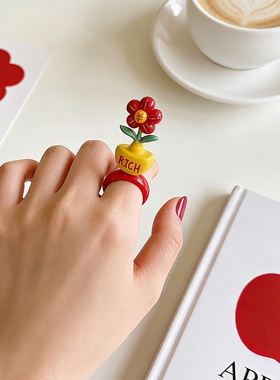 原创石塑粘土diy有钱花创意手工戒指可旋转好寓意新年礼物食指戒