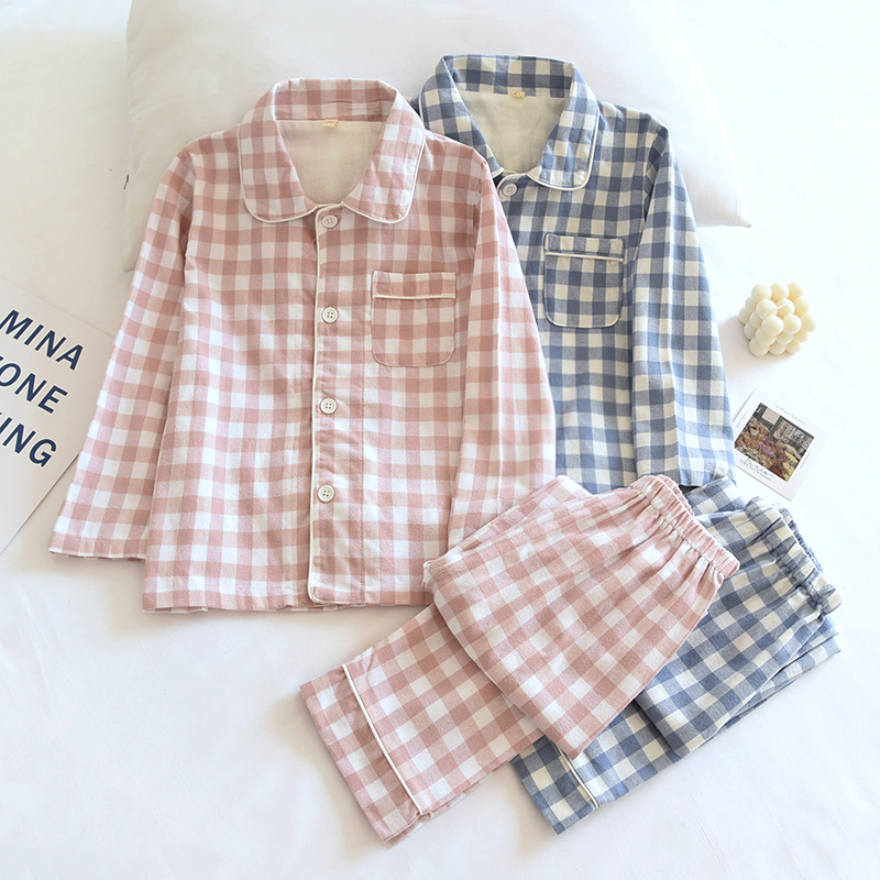 日系格子儿童春秋纯棉绒布睡衣套男童女童全棉磨毛棉布宝宝家居服 - 图3