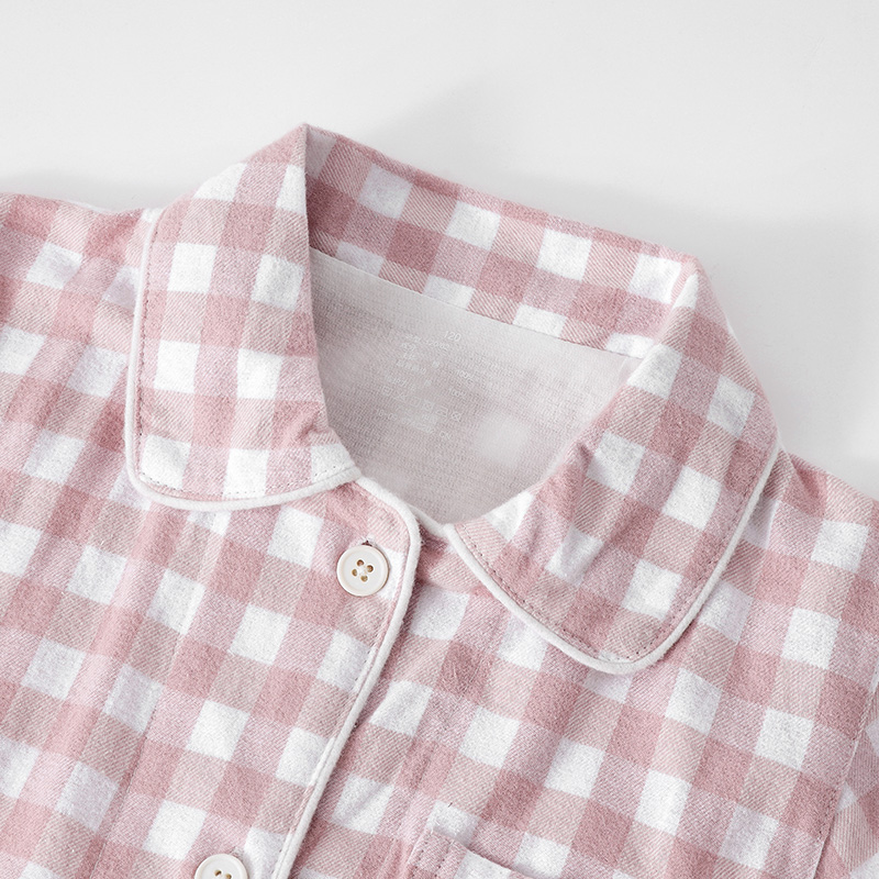日系格子儿童春秋纯棉绒布睡衣套男童女童全棉磨毛棉布宝宝家居服 - 图0