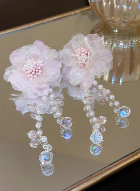 甜美蕾丝花朵水晶流苏耳环2025年新款甜美优雅气质高级感耳饰女