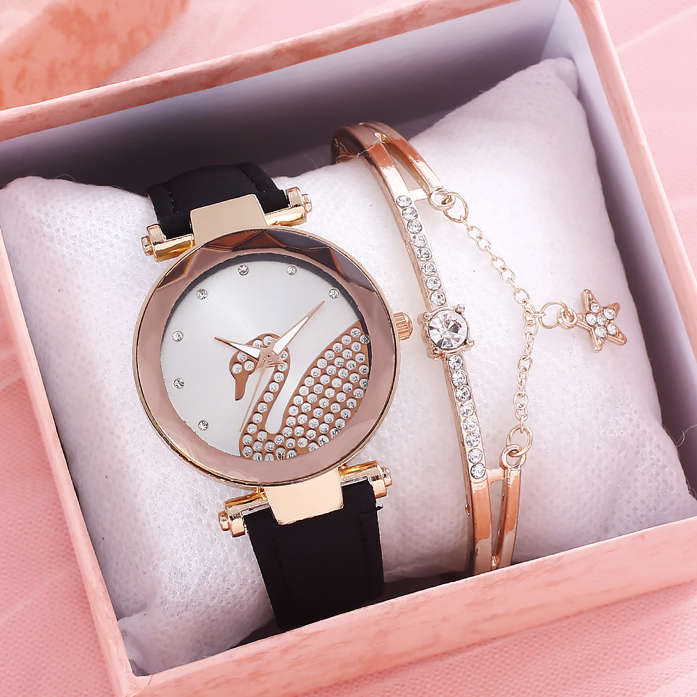 women wristwatch set 3pcs新款手表女士天鹅韩版简约学生手表-图2