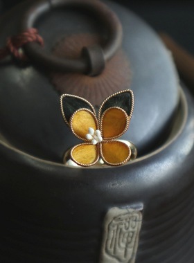 非遗绒花古法金蝴蝶活口戒指