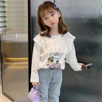 Girl Long Sleeve T-shirt Autumn Dress 2023 New Ocean Air Korean Version Girl Lace Side Pure Cotton Undershirt Child Blouse