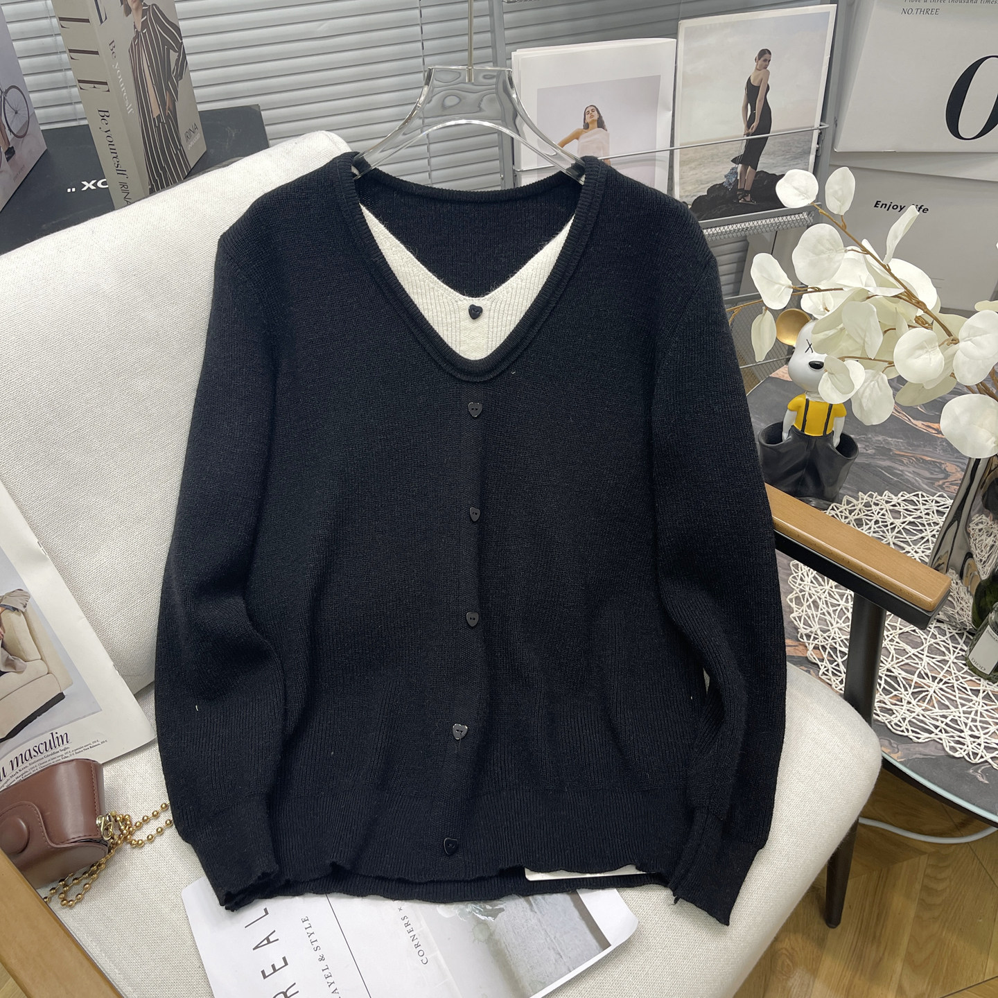 胡子叔大码女装秋冬新款韩系慵懒风假两件针织衫胖mm洋气别致毛衣,淘宝优惠券,粉丝福利购,淘宝优惠卷