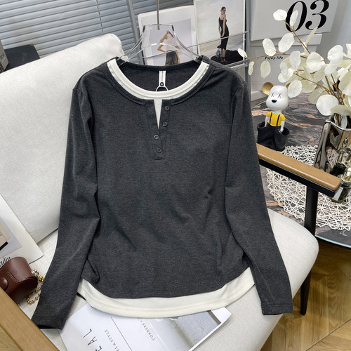 胡子叔大码女装秋冬小排扣正肩假两件T恤胖mm遮肉显瘦内搭打底衫 - 图1
