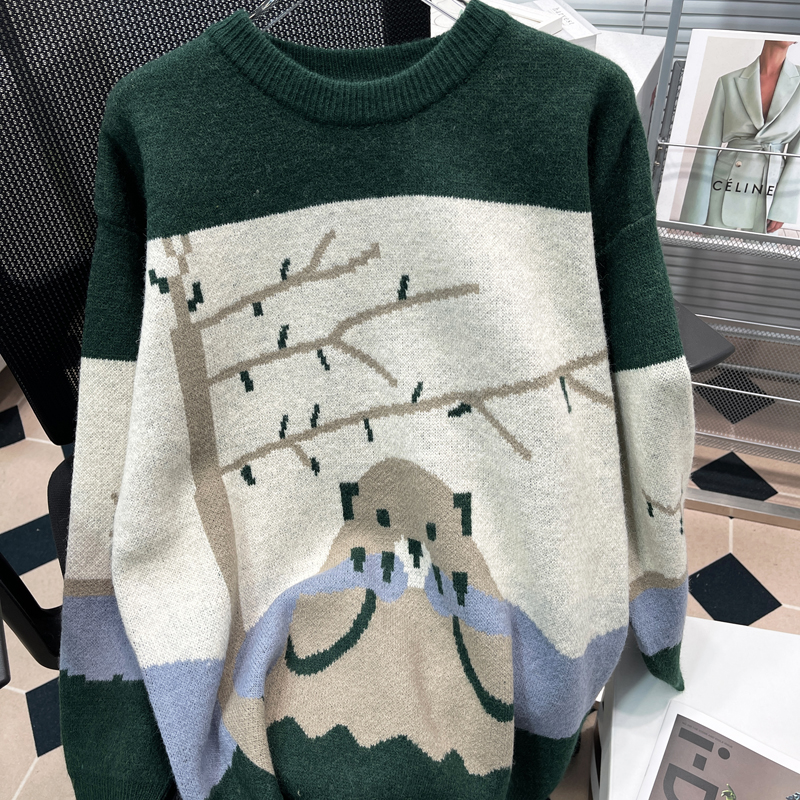 胡子叔大码女装胖mm宽松圆领长袖套头可爱卡通针织衫女休闲服毛衣 - 图1