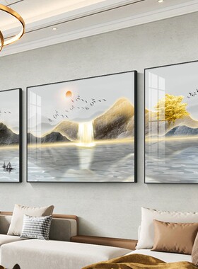 客厅装饰画现代简约山水画沙发背景墙挂画轻奢高档墙画大气三联画