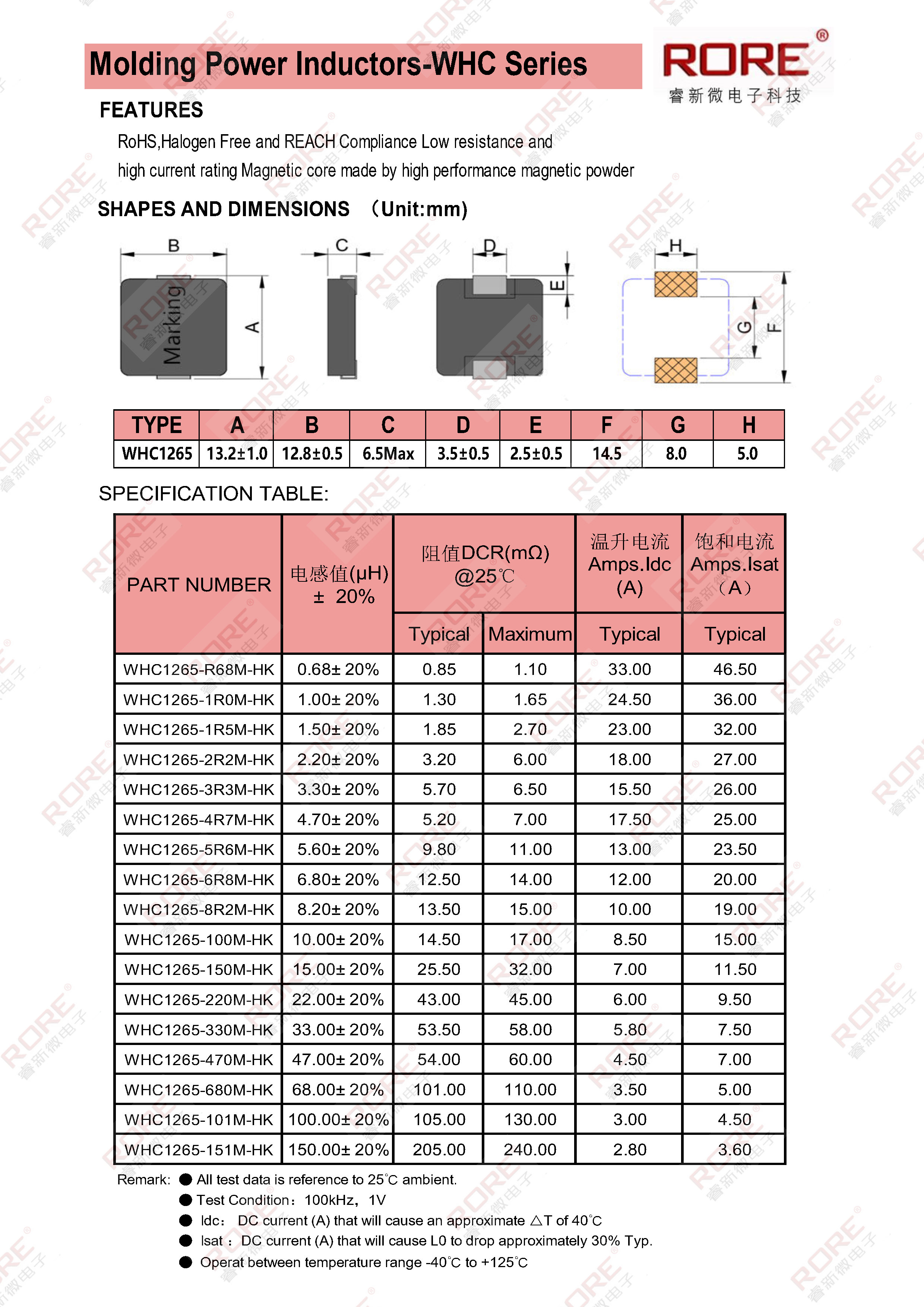 WHC1265(12*6.5)印字1R5/1.5UH 一体成型大电流贴片功率电感现货