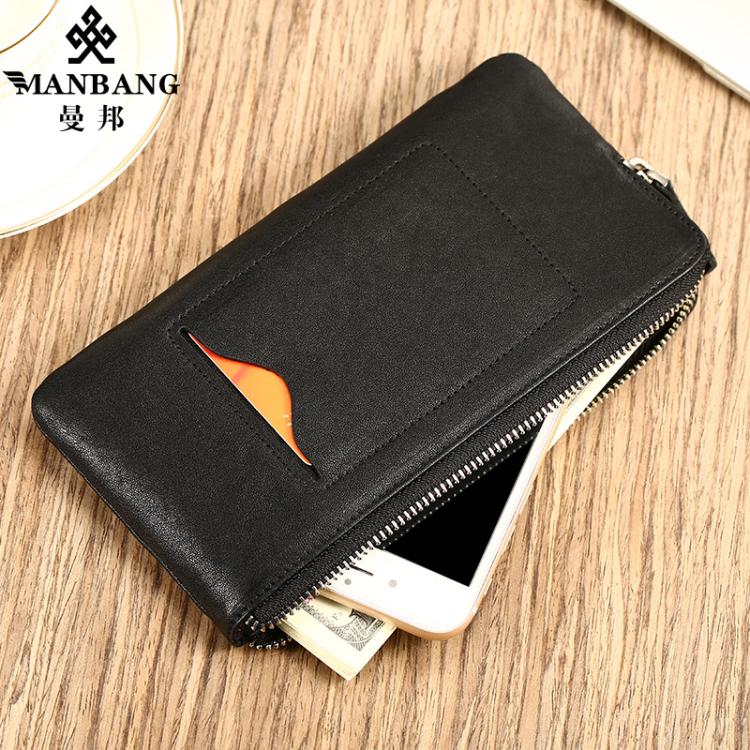 曼邦男士钱包长款真皮牛皮超薄2024新款迷你潮牌拉链手机小手包男 - 图1