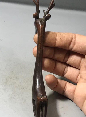 古玩杂项小鹿壶插挑壶盖实心雕件紫铜包浆小麋鹿头叉茶道茶具摆件