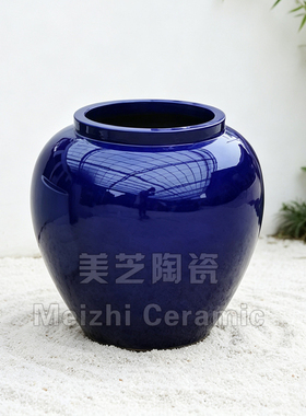 地中海深蓝色大陶罐流水罐酒店落地花瓶插花器家居装饰品陶缸花盆