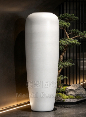 中式陶缸花瓶哑光白色陶罐大口径花盆客厅装饰花艺摆件高档工艺品