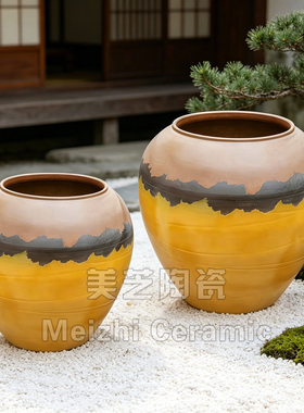 欧式黄色花盆陶罐造景德镇陶瓷缸大肚大口径落地花瓶插花器接水盆