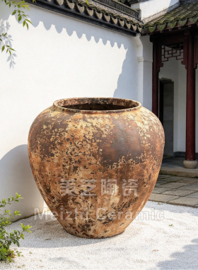 饭店侘寂风陶瓷花盆景德镇陶罐复古粗陶大肚子花瓶插花器做旧陶缸
