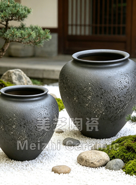酒店大堂落地大花瓶黑色大陶罐前台花器高50宽50花艺装饰摆件坛子