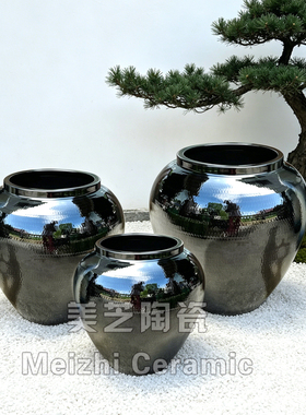 禅意黑色陶瓷罐陶瓷落地花瓶花器水池流水陶罐花盆50cm高罐子圆缸