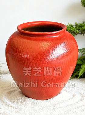红色大缸落地陶罐插花器水培花瓶